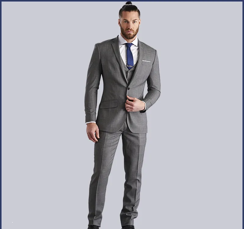 2020 Przystojny Szary Mężczyźni Ślub Tuxedos Slim Fit One Buttive Casual Prom Garnitury Man Party Blazer Suit (Kurtka + Kamizelka + Spodnie)