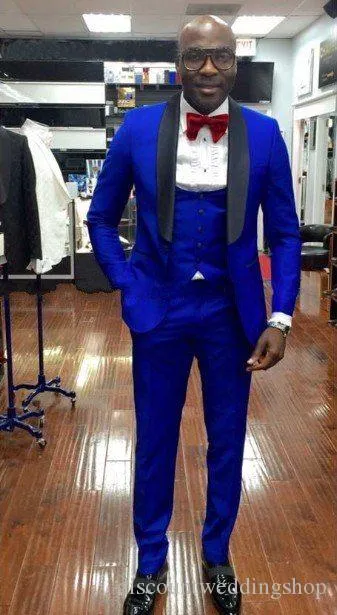 Customize Fashion Royal Blue Groom Tuxedos Shawl Lapel Men Wedding Party Dress 3 pieces Man Business Suits (Jacket+Pants+Vest+Tie) K55