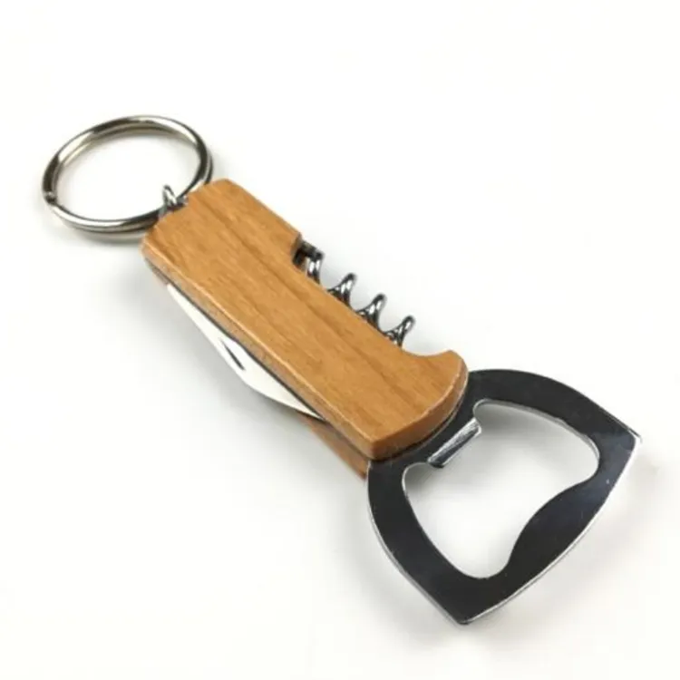 Nouveau Ouvre-bouteille de vin en plein air Porte-clés En acier inoxydable Ouvre-manche en bois Tire-bouchon portable Ouvre-bière de vin T2I5115