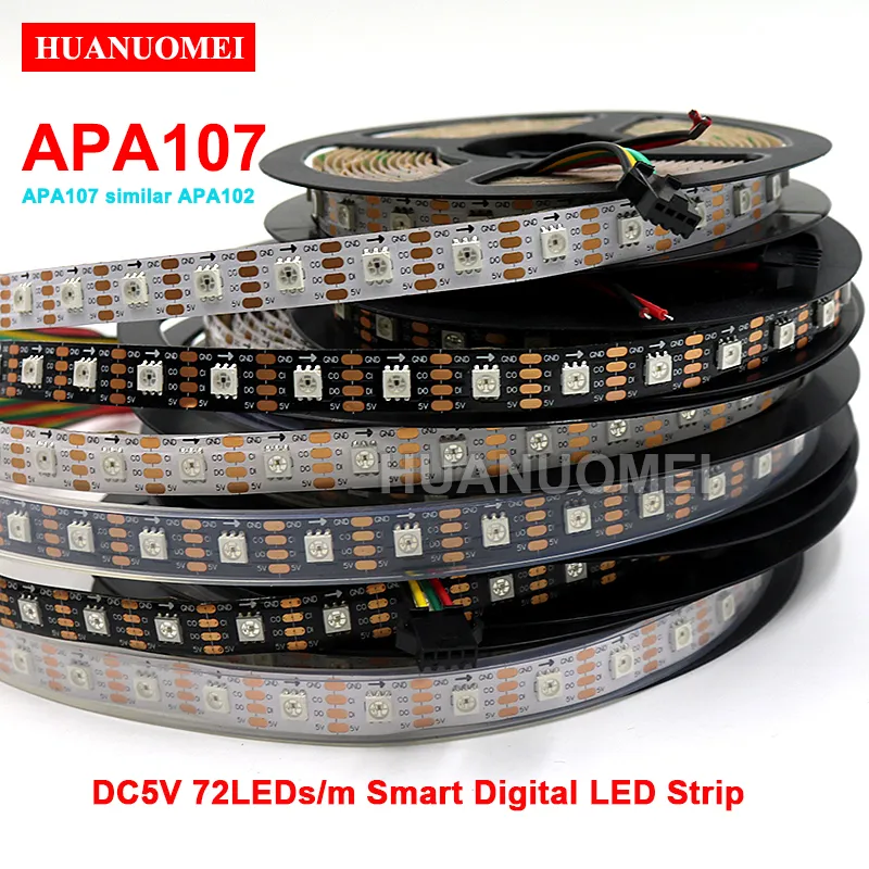 5 M 72LEDS / M APA107 (podobna APA102) Adresowalny Smart RGB LED Strip 5050 SMD Pixel Tape Light 5 V Telewizor cyfrowy, biały / czarny PCB, IP20 / IP65 / IP67