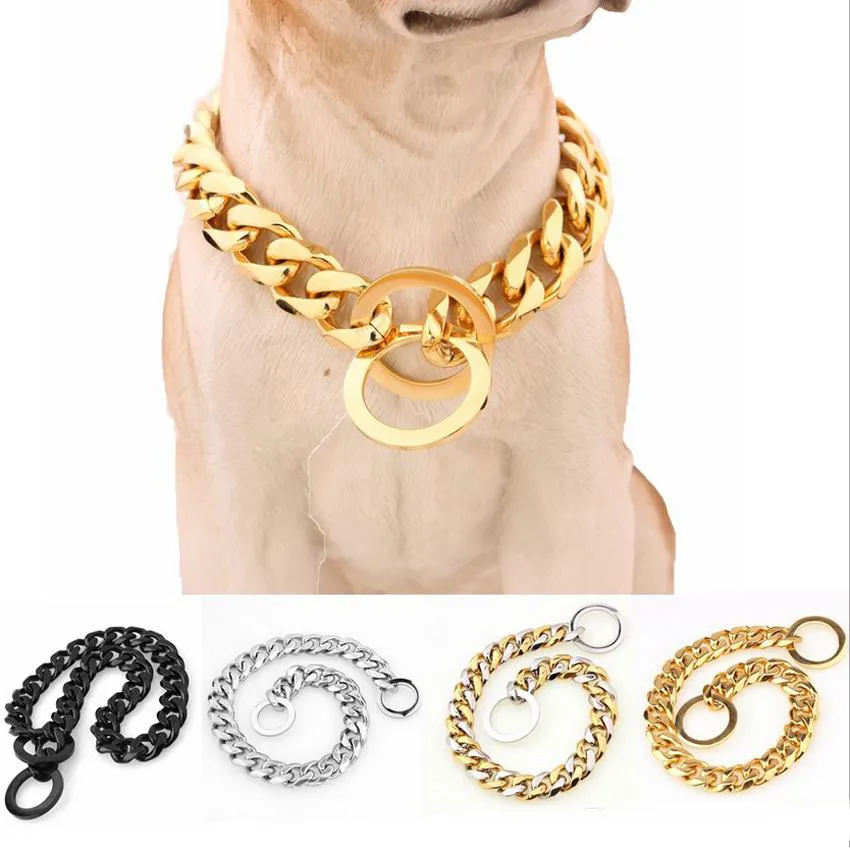 15 mm vergoldetes Haustierhalsband, Hundetraining, Choke-Kettenhalsbänder, 316L-Edelstahlkette für große Hunde, Pitbull, Bulldogge, 30,5–86,4 cm