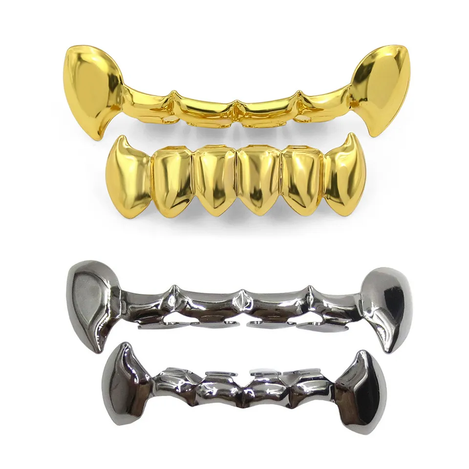 18K Gold Punk Hip Hop Vampire Teeth Fang Grillz Dental Grills Teeth Brace Up Bottom Tooth Cap Rapper Jewelry for Cosplay Party Wholesale