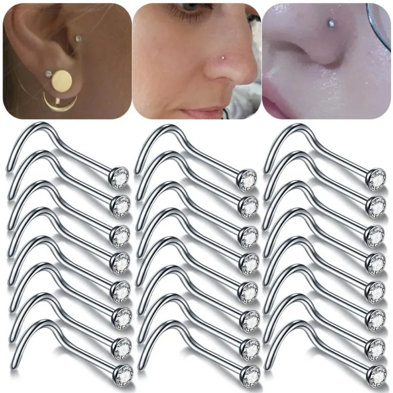 100PCS/LOT 20G &18G Nostril Piercings Crystal Piercing Nose Stud Percing Nez Stainless Steel Nose Rings Piercing Nariz Jewelry