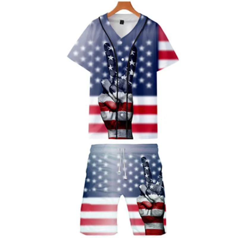 アメリカンデー男性デザイナーTシャツセット国旗プリントルーズ3D 3Dトラックスーツファッショントレンド都市カジュアルVネック半袖スーツ