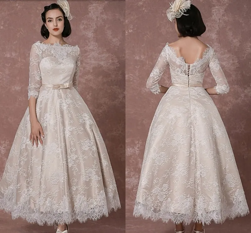 Lace Wedding Dress 2020 Vintage Bateau Champagne Half Sleeves Bridal Gown A line Backless Tea length Sash Reception Bridal Dress