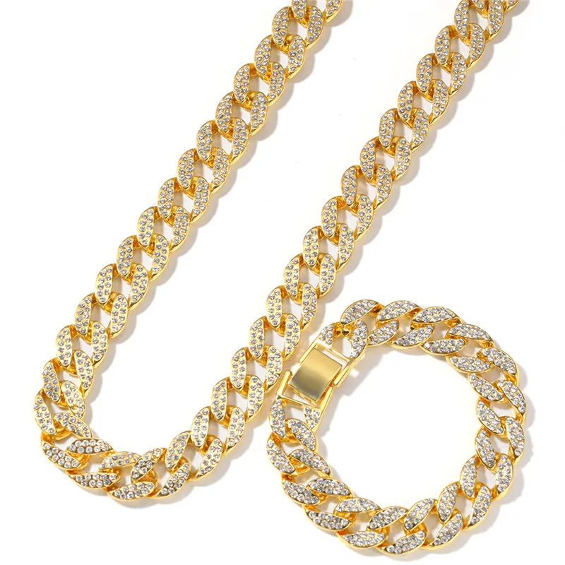 Mens Hip Hop Jewelry Set 15mm Iced Out Full Diamond Miami Cuban Chain