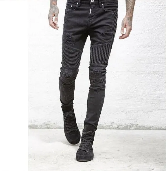Jeans Slim plissés déchiquetés pour hommes, vélo droit, rigide, Slim, décontracté, déchiré, taille noir bleu