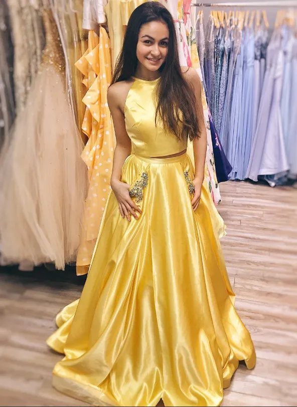 Mode deux pièces robe de bal jaune avec poches longueur longueur longue jupe femme robe de soirée robe de soree