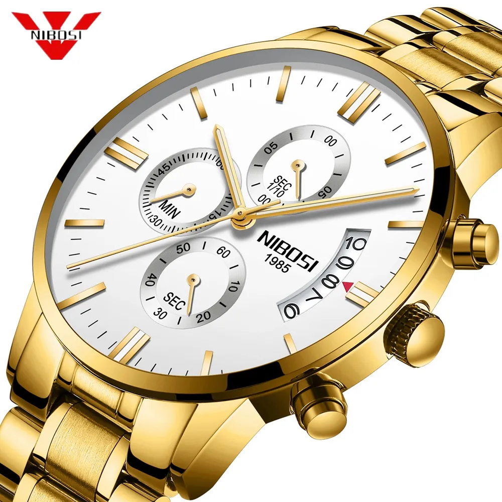 Nibosi assistir homens luxuosos famosos relógios Top Brand Mens moda vestido casual Gold Gold Gold Quartz Relógio Relógios de pulso saat