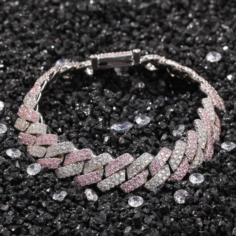 Branco rosa zircônia cúbica Ice Out Two Tone Miami Cuban Link Chain Bracelets Can open Lock Women Men Bling CZ Rapper Jewelry