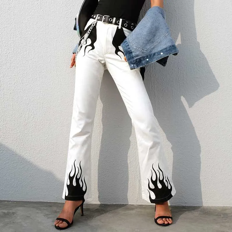 Capris Rockmore Gothic Flare Pants Women Fire Flame Print Boot Cut High midjebyxor Fickor Streetwear White Harajuku Joggers Femme