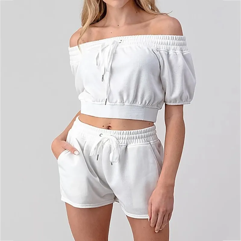 Two Piece Dress Conjuntos Mujer Verano Off Shoulder White Crop Top