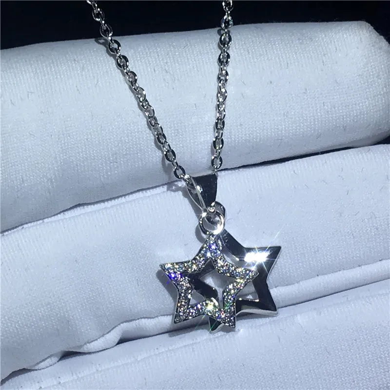 Vecalon Charm Star Shape Pendant 925 Sterling Silver Diamond Bröllopsängor med halsband för kvinnor Brud Smycken Gift