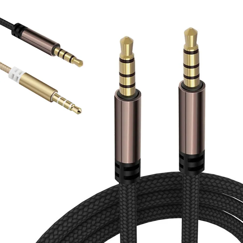 Kabel Aux 4-Pole Nylon Pleciony Słuchawki Kable Audio 3.5 MM Jack dla Samsung Huawei Xiaomi Smartfony Głośnik Komputerowy Zestaw Słuchawkowy Samochodowy