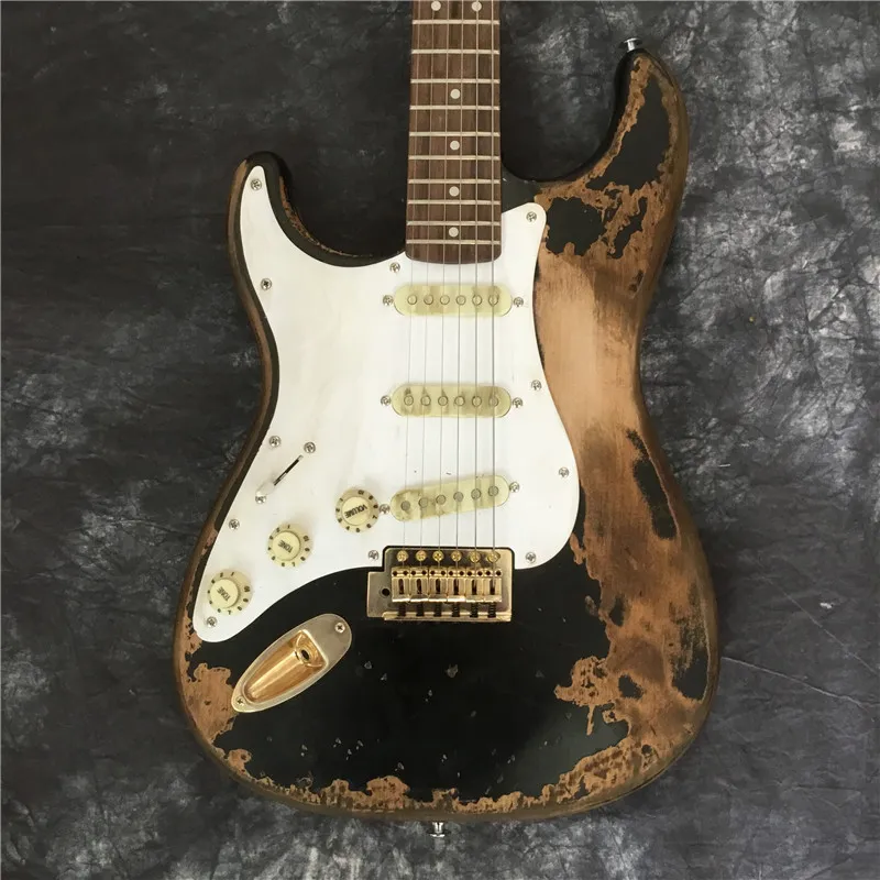 Neue hochwertige Relic-Linkshänder-ST-E-Gitarre, schwarz. Handgefertigte Vintage-Relic-E-Gitarre von SRV, Vintage Sunburst