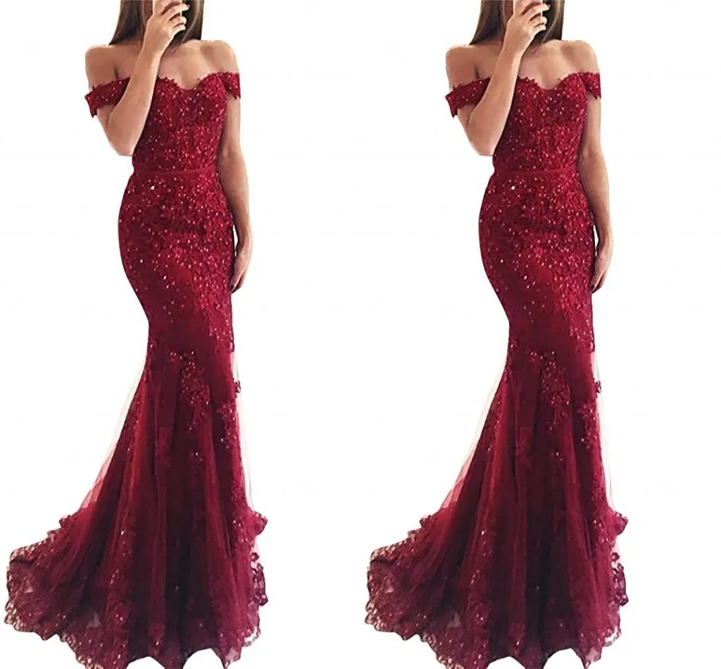 2019 New Burgundy Red Royal Blue Cheap Mermaid Prom Dresses Long Off Shoulder Beads Sequined Lace Applique Evening Party Wear Formal Dress