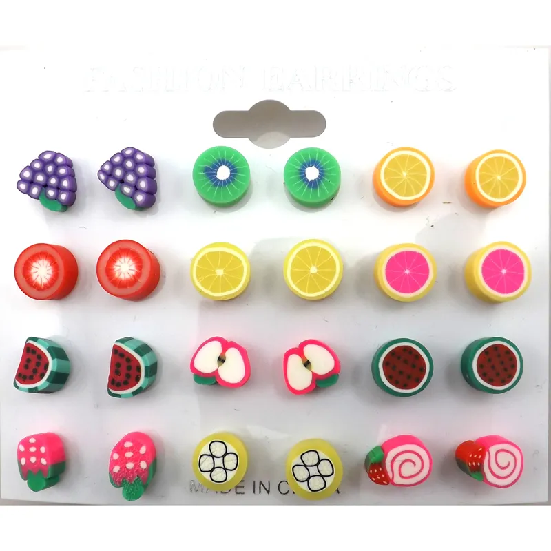 Милые серьги-гвоздики в форме фруктов для девочек, смешанная партия, серьги из полимерной глины, 100 пар, Whole2277