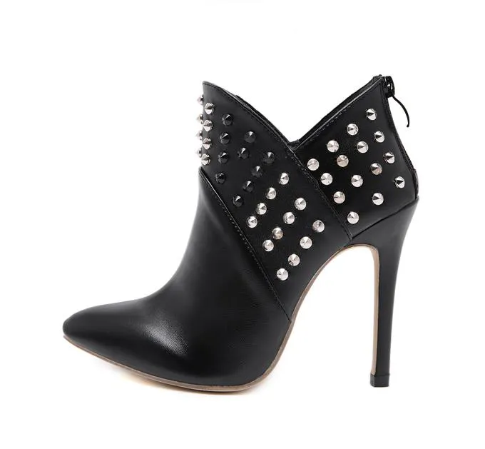 New black rivets high heels designer booties top PU pointed toe ankle booties designer boots fashion women shoes