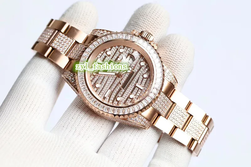 Автоматические механические часы из розового золота с бриллиантами для лица Мужские роскошные наручные часы с бриллиантами Безель из розового золота из нержавеющей стали
