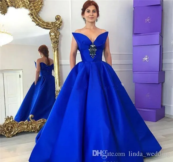2019 Arabo Royal Blue Prom Dress Economici Tasche dal design unico Backless Formale Vacanze estive Abbigliamento da sera Abito da sera Custom Made Plus Size