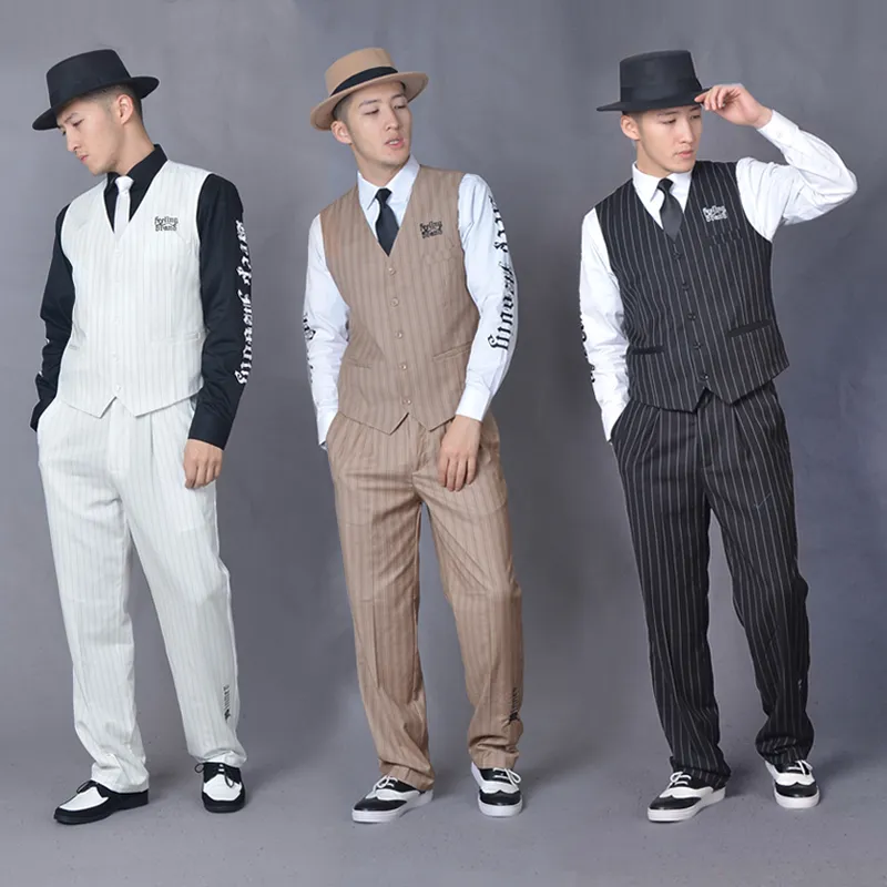 Popping Street Dance performance suit men Hip Hop suit locking vest machine dance Clothing street dance Stage suits Vest + pants + Tie