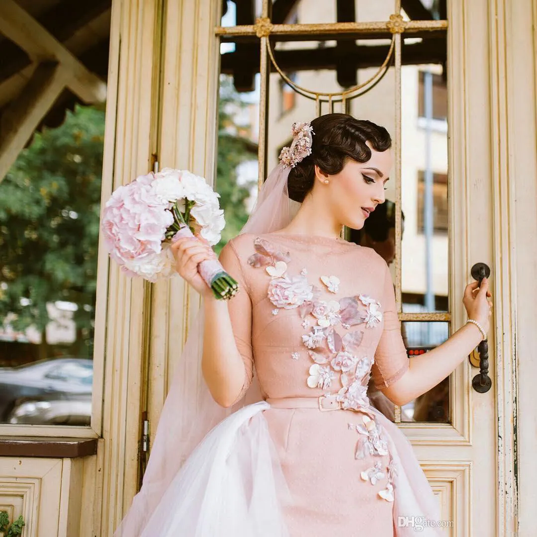 Blush Pink Gothic Wedding Dress With Overskirt Detachable Train Long Sleeve Tea Length Elegant 2020 Floral Short Wedding Dress Bridal Gowns