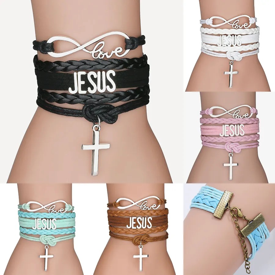 Mode Kreuz Charme geflochtene Lederseil Armbänder für Frauen Männer religiöse Jesus Liebe Unendlichkeit Armband handgefertigten Schmuck in großen Mengen