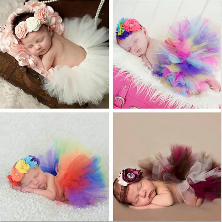 Klädset för nyfödd Tutu-kjol med matchande blompannband Fantastisk babyfotorekvisita flickklädesset