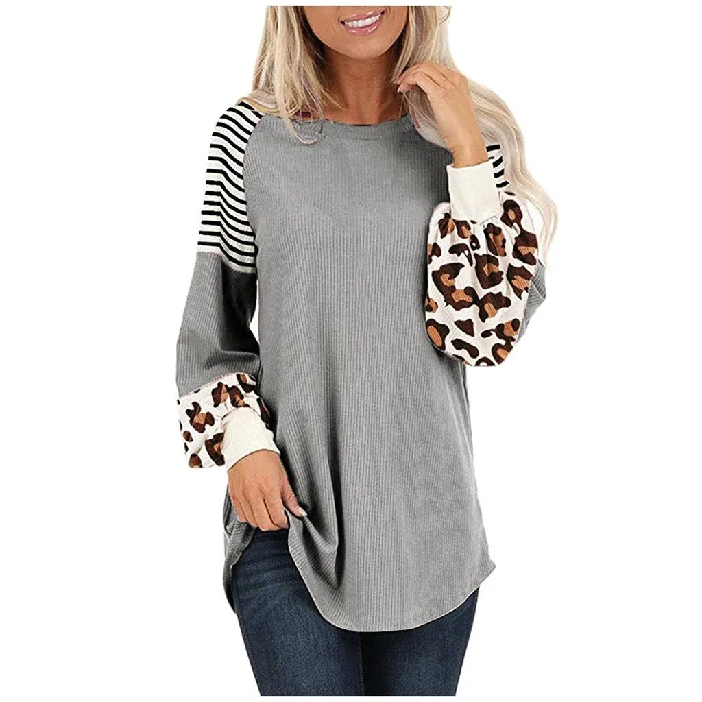 Moda Lampart Bluzka Latarnia Rękaw Casual Wiosna Winter Ladies O-Neck Tops Kobiet Kobiety Długi Rękaw Koszula Blusas Pullover