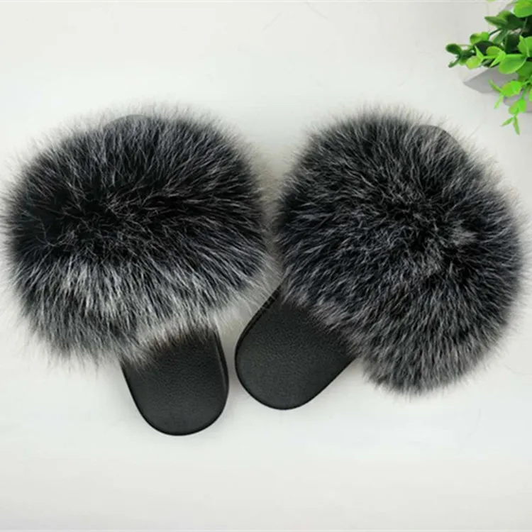 Hot Sale-Real Fur Tofflor Kvinnor Fox Hem Fluffy Sliders Med Fjädrar Furry Sommar Utomhus Lägenheter Söt Ladies Candy Färg Skor Storlek 45