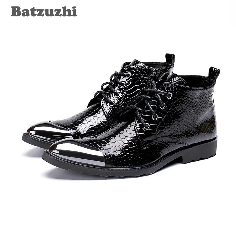 Batzuzhi handgefertigte Stiefel für Herren, spitze Metallspitze, schwarze Leder-Stiefeletten, Schnürung, Western-Mode, Botas Hombre, cool, große Größen 46