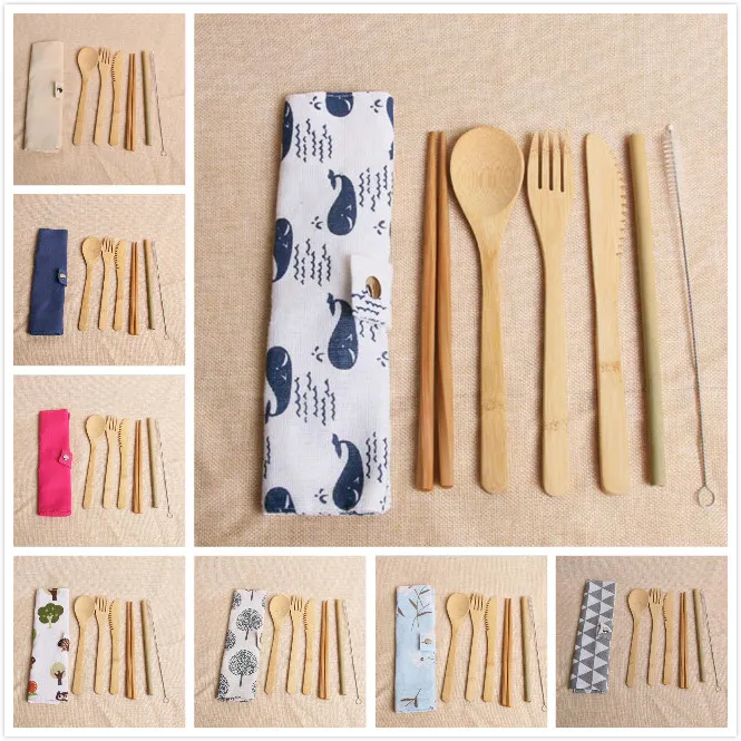 7 pc's/Set milieuvriendelijke bamboe flatware bestek 20 stijlen draagbare rietje servies sets met stoffen tas messen vork lepel lepel lepel lepel