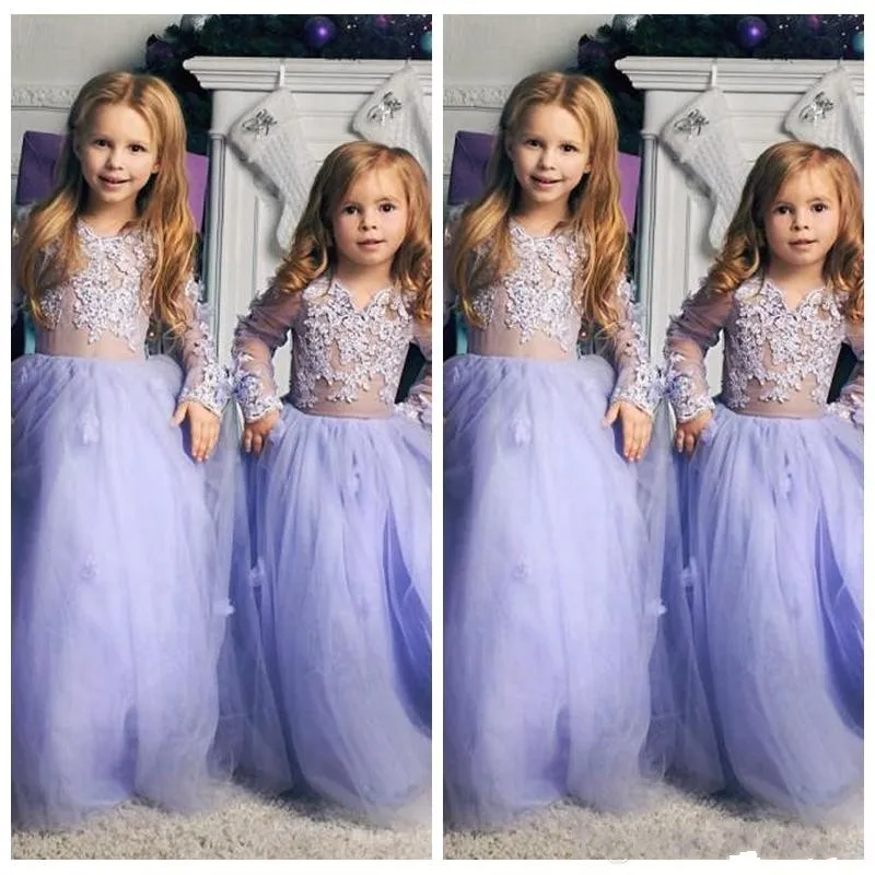 2020 New Princess Flower Girls Sukienki na Wesela Klejnot Koronki Aplikacje Zroszony Illusion Tulle Długie Rękawy Urodziny Dzieci Pagewne Suknie