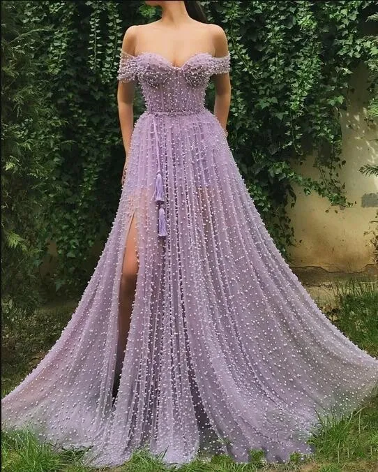 Lilac Purple Evening Dresses Off Shoulder See Through Illusion Tulle Pearls Side Split Sweep Train Special Occasion Party Dress Prom Gowns