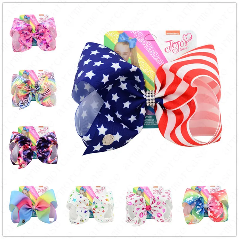 8 Inch Baby Girl Hair Bow Grosgrain Ribbon Clip Hairbow Big Bowknot Hairpins US Stripe Rainbow Bow Hair Pin Children Hair Accessories D6409