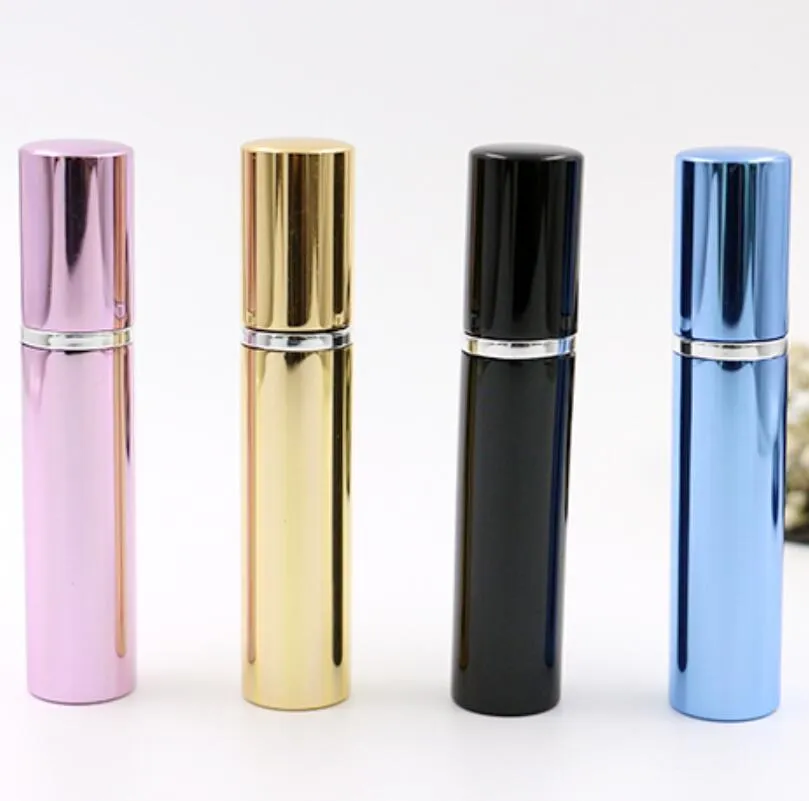 500pcs 7ml parfymflaska Aluminiumrör Ljusa flaskor Atomizer Spray Travel Glass Refillerbar flaska 4 Färger Svart Blå Rose Gold