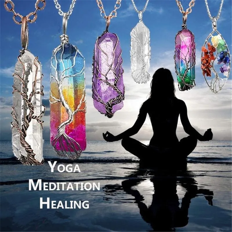 Hexagonala Prisma Kolumn Hängen Halsband Livsträd Natursten Vit Kristall Kvarts Yoga Meditation Healing Point Pendel Charm Smycken