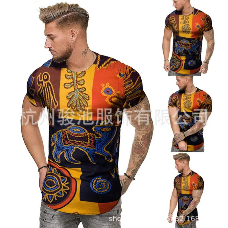 Abbigliamento africano Moda Uomo Estate Slim Fit Stampa africana O-Collo Camicia a maniche corte dashiki