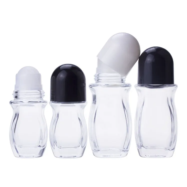 30ml 50ml Clear Glass Essential Oil Perfume Bottle Flat Roll på flaska med stor plastrulle för kroppsdeodorant Ögon Essentiell olja