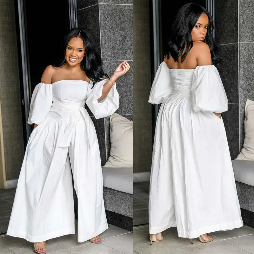 Sexy Off Ombro White Jumpsuits para as mulheres 2019 Plus Size Manga Longa Elegante Algodão Ladies Largura Pants Macacão Macacão