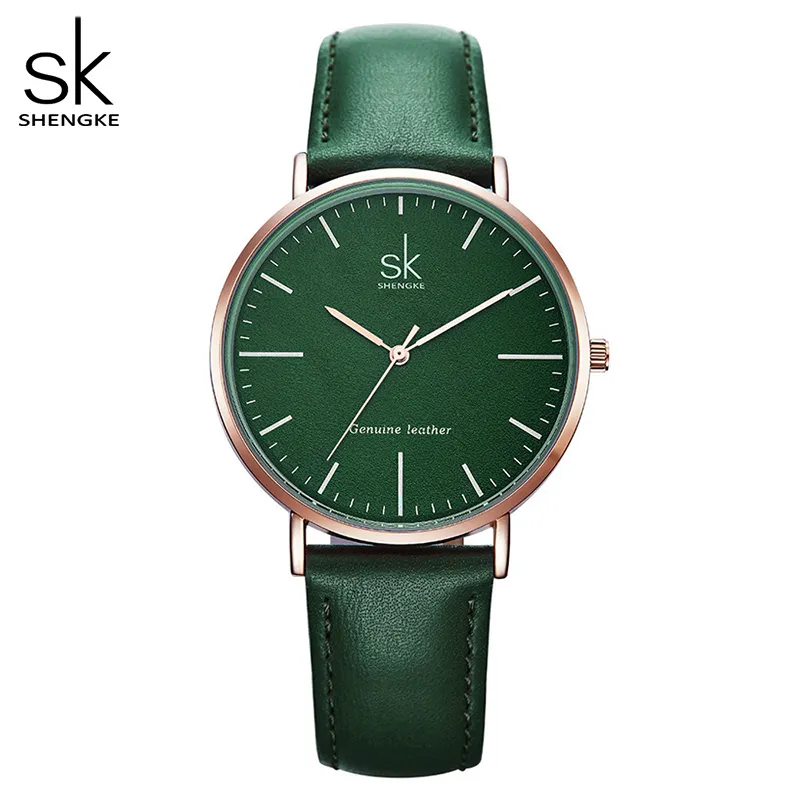 Relojes Shengke de cuero genuino para mujer, relojes de cuarzo de marca de lujo, relojes informales para mujer, reloj femenino