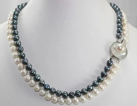 女性ファッションジュエリー最新デザイン2列8-9mm白と黒の培養淡水真珠ネックレス211d