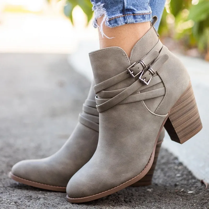 Ankle Boots Women Shoes 2019 Casual Zipper Pointed Toe Booties Buckle Strap Short Boots Women Autumn Chaussures Femme