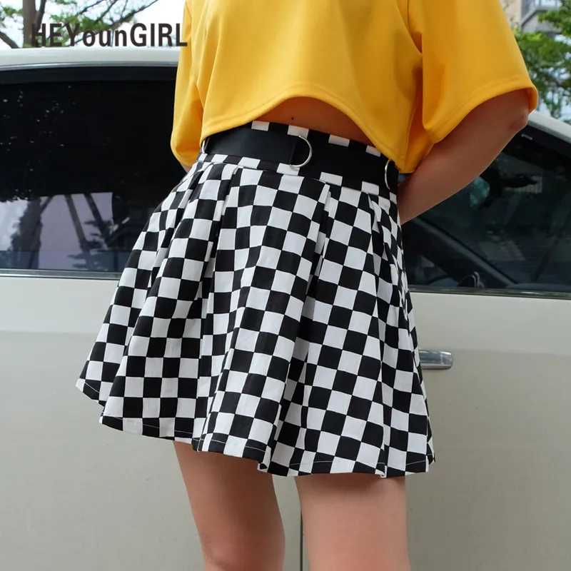 Pläterad Checkerboard Kjolar Kvinnor Högt midja Rutig kjol Harajuku Dancing Koreansk stil Svett Kort Mini Skirts