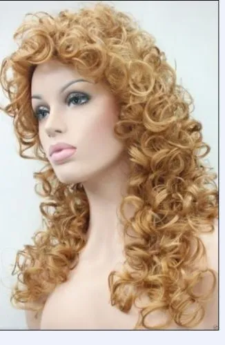 Mode vrouwen blonde afro krullend lang synthetisch haar cosplay party volledige pruik