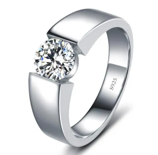 Vecalon Solitaire Lovers Prome Ring Sterling Sier CZ 약혼 웨딩 밴드 반지를위한 남성 파티 손가락 보석