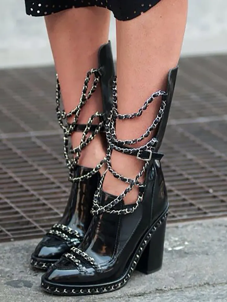 Womens Pointed Toe Chain Square Heel Ankle Boots Patent Leather Motorcycle Boots For Spring 2024 From Factory Redvelvett Bulk 200.91 DHgate.Com