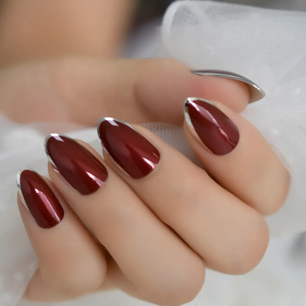 False Nails Burgundy Nail Art Metallic Silver French Stilettos