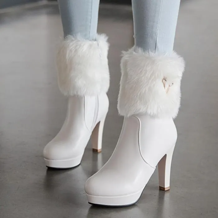 small big size 32 to 43 chunky heels ankle booties winter white fur boots bridal wedding shoes come with box