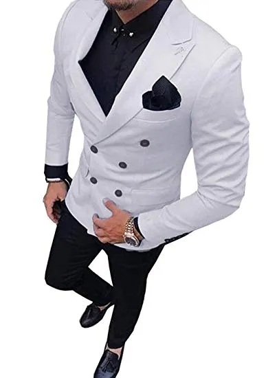 Double-Breasted White Groom Tuxedos Peak Lapel Men Suits 2 pieces Wedding/Prom/Dinner Blazer (Jacket+Pants+Tie) W830
